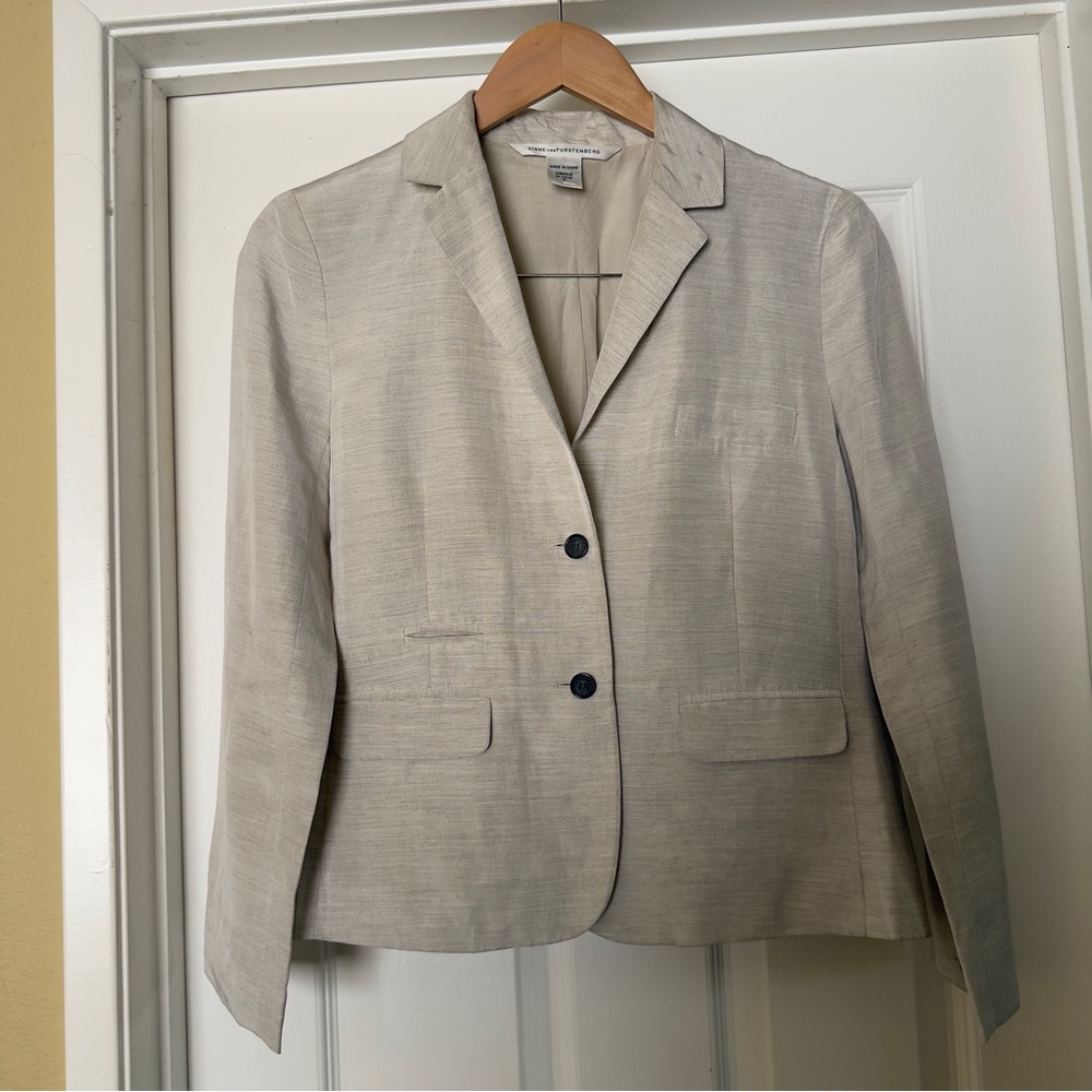 Diane Von Furstenberg Linen Silk Single-Breasted Natural Color Blazer Size 6